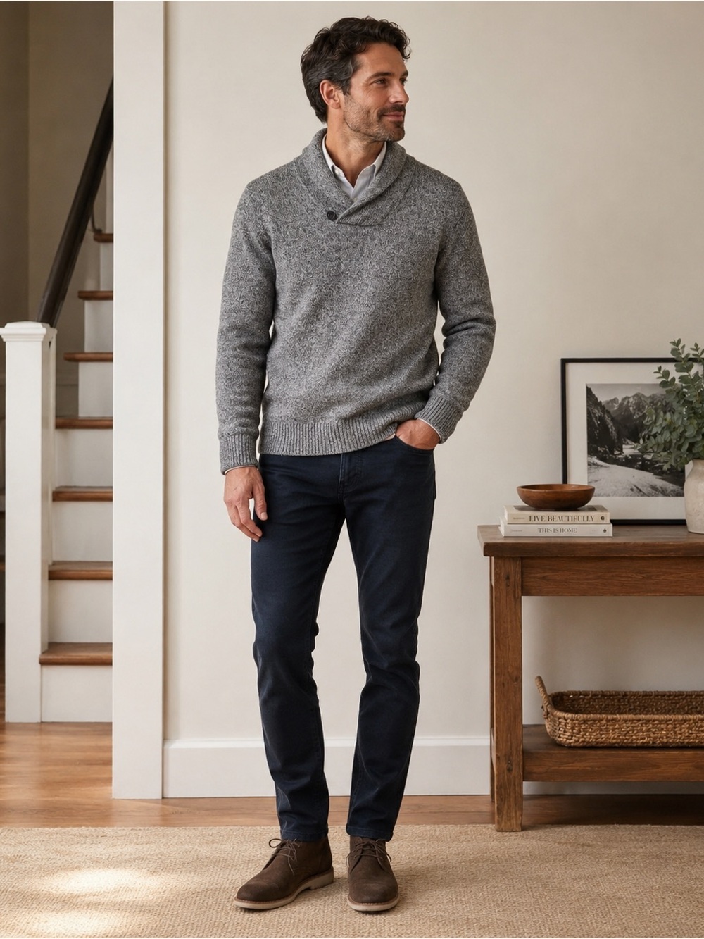 NWT Banana Republic Grey Shawl Collar Sweater • Quiet Luxury • Preppy